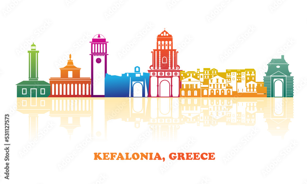 Colourfull Skyline panorama of Kefalonia, Ionnian Islands, Greece - vector illustration