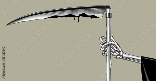 Engraved vintage drawing of a hand of death scytheman with a scythe