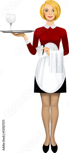 Engraved vintage drawing of a young blonde girl waiter in uniform with a napkin and notebook in her hand holding a round tray with an empty glass of wine