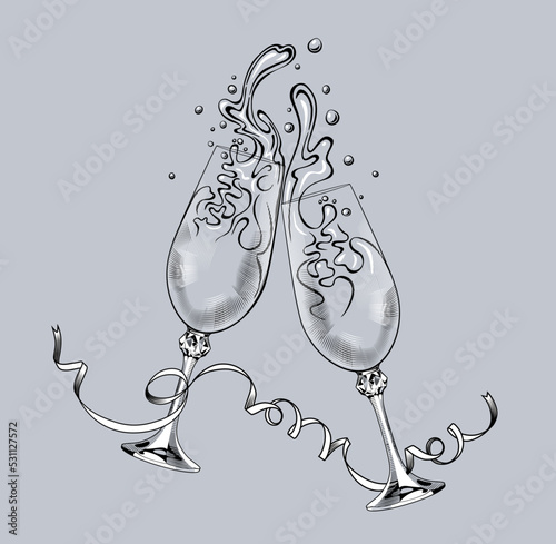 Engraved vintage drawing of two clinking glasses with champagne splashes and a serpentine ribbon