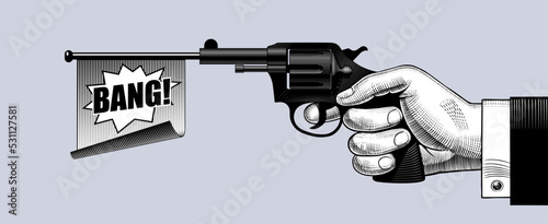 Engraved vintage drawing of a Hand holding a gun with bang flag