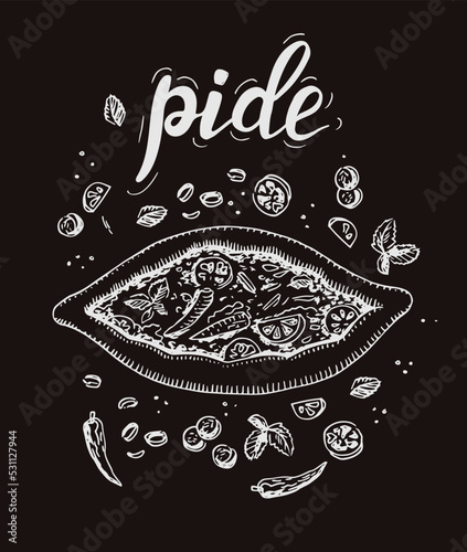Pide vector illustration. Turkish, arabic food. Chalk drawing