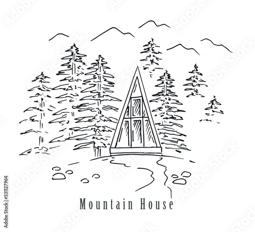 Mountain landscape with forest and house