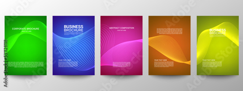 Cover geometric minimal. Set. Set of templates for business brochures. Vector abstract line pattern for poster design. Flyer or Leaflet. Cool gradients. Graphic pattern for annual album backdrop.