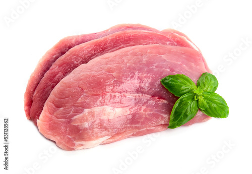 Fillet of meat with basil herbal closeup on white backgrounds.