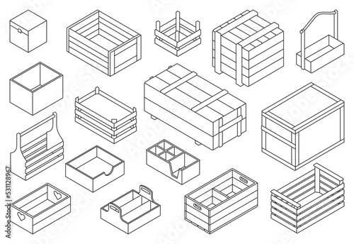 Wooden box isometric vector outline set icon. Isolated isometric outline set icon crate and container. Vector illustration wooden box on white background .