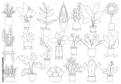 Flowerpot vector outline icon set . Collection vector illustration pot of plant on white background. Isolated outline icon set flowerpot for web design.