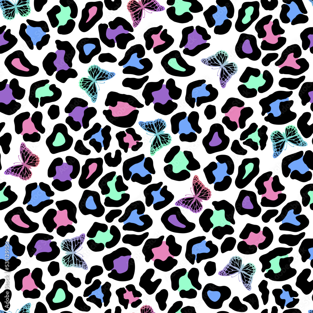Fototapeta premium Seamless leopard pattern with butterflies. Can be used for graphic design textile design or web design.