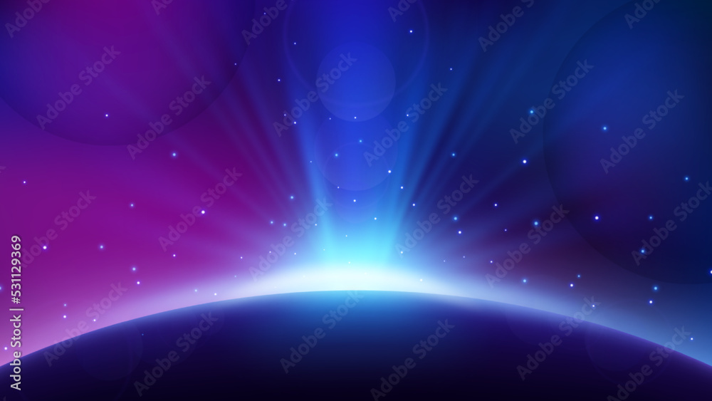 Blue Light Rising from Planet Horizon, Glowing Shine Background. Widescreen Vector Illustration