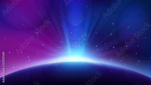 Blue Light Rising from Planet Horizon, Glowing Shine Background. Widescreen Vector Illustration