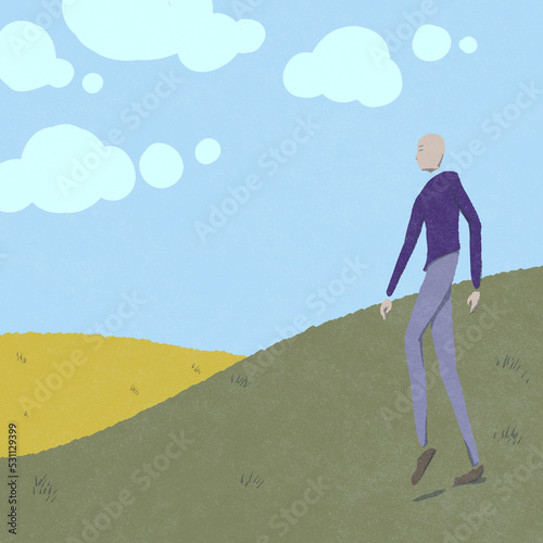 Person walking in grass hills looking at clouds in the sky (ID: 531129399)