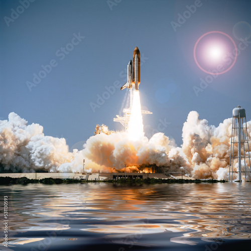 Fototapeta Naklejka Na Ścianę i Meble -  Great view of rocket and the water ripples.The elements of this image furnished by NASA.