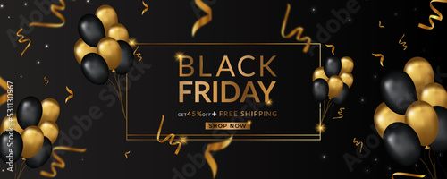 Realistic black friday banner with golden and black ballons and gift boxes