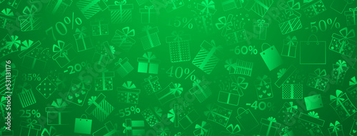 Background of gift boxes with bows and different patterns, and discount percentages, in green colors