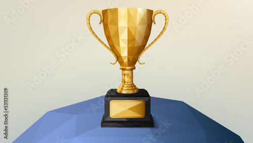 Low Poly Golden Trophy Isolated on Globe Circle Background, Polygonal Geometric Widescreen Vector Illustration
