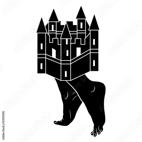 Medieval castle standing on two tiptoed female feet. Creative funny concept. Black and white silhouette.