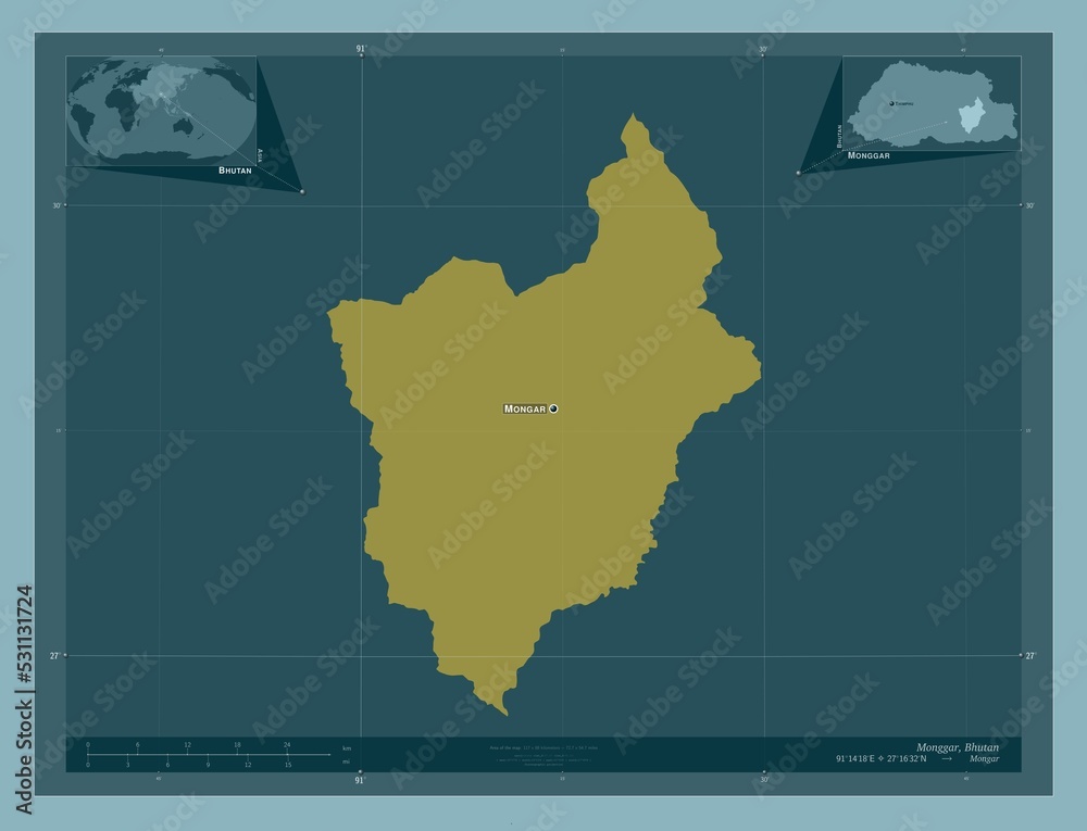 Monggar, Bhutan. Solid. Labelled points of cities Monggar, Bhutan. Solid. Labelled points of cities
