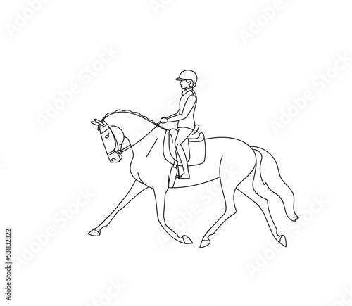 Beautiful horsewoman on a horse. Black and white vector illustration for coloring book
