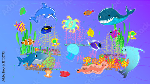 Cartoon illustration with marine life for educational games with kids. Marine life with a contour outline for cutting. Child's play.