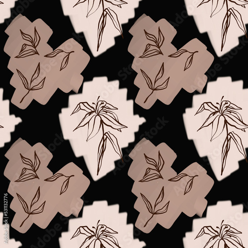 seamless boho pattern, brown with linear plant elements, paint spots and leaves, hand-drawn illustration