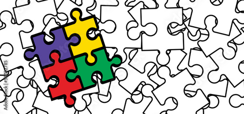 Cartoon autism ribbon. Vector world awareness day. Jigsaw line pattern. puzzle pieces icon or pictogram. Autism spectrum disorder (ASD) is a neurological and developmental disorder with social skills.