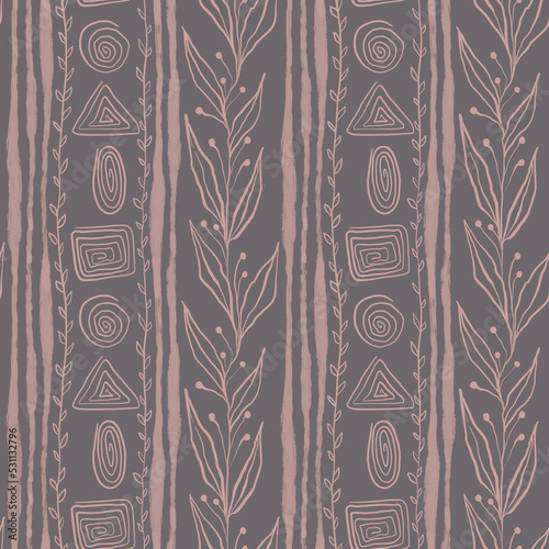 seamless ethnic pattern, boho style, natural colors, brown, floral and geometric elements, hand-drawn illustration