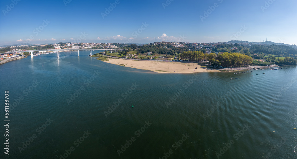 Aerial views of Douro River and a beach called Areinho