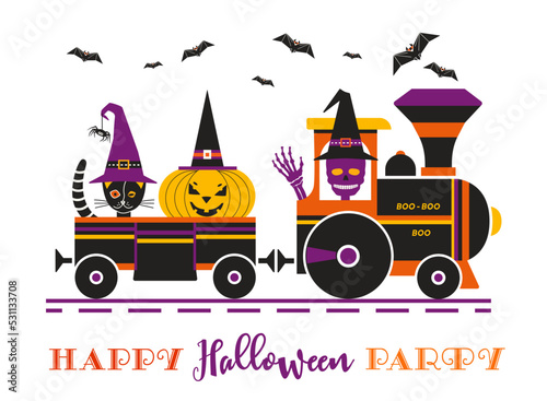 Happy Halloween holiday fun train party vector poster. Cute comic spooky pumpkin, black cat in wagon, scary skull cartoon. Horror night fun event invitation illustration. Halloween holiday greeting