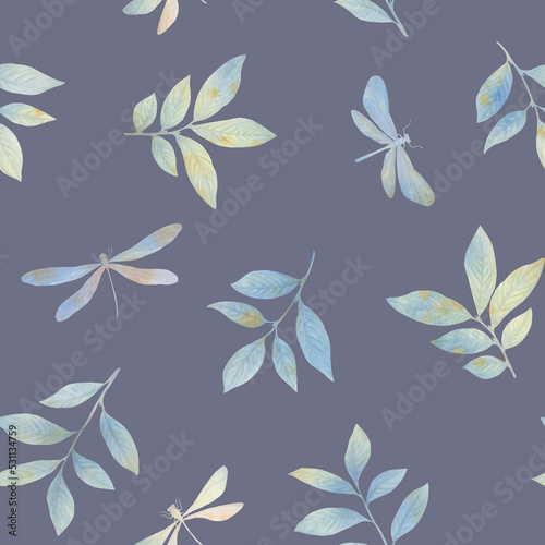 abstract watercolor pattern of green leaves and dragonflies for design