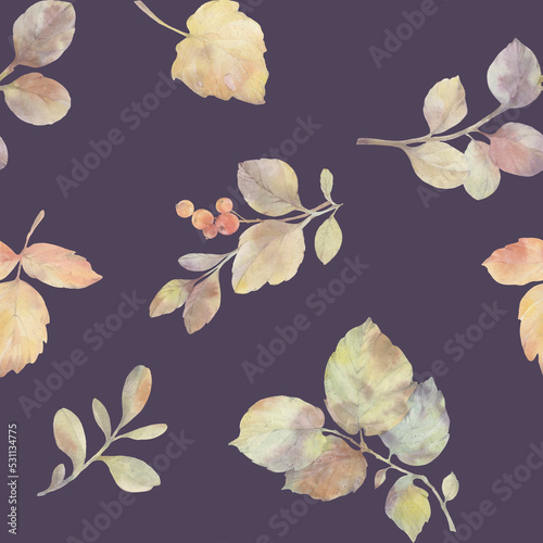 Wallpaper Mural Botanical autumn pattern. Seamless ornament. abstract watercolor leaves on purple background. Torontodigital.ca