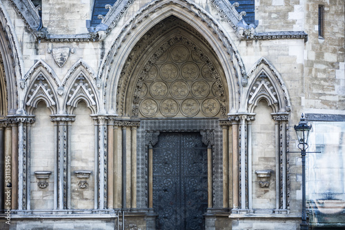 London, UK. Main doors of Westminster Abbey during the funeral ceremony of Queen Elizabeth II