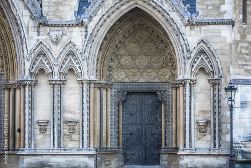 London  UK.  Main doors of Westminster Abbey  during the funeral ceremony of Queen Elizabeth II