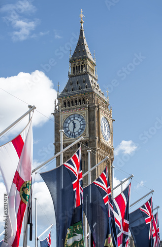 London, UK. Big Ben, British and commonwealth countries flags during the funeral ceremony of Queen Elizabeth II
