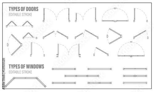 Architectural elements Window and Door top view for floor plan. Vector set for scheme of apartments. Kit of icons for interior project. Construction graphic design symbol for blueprint view above photo