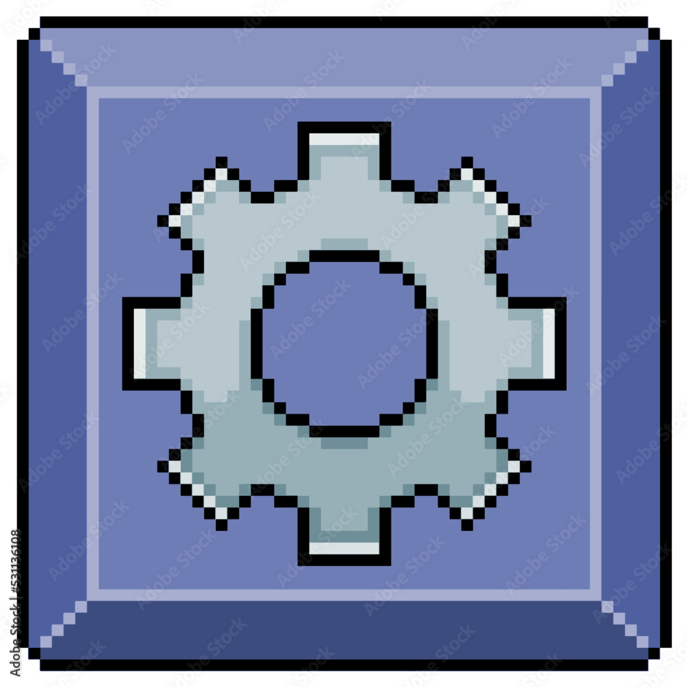 Pixel art settings button with gear vector icon for 8bit game on white background Pixel art settings button with gear vector icon for 8bit game on white background