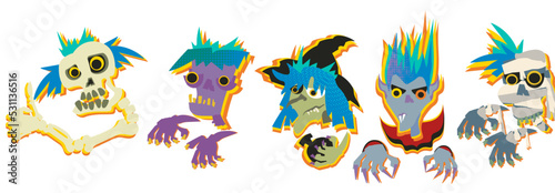 Halloween bright cartoon characters set, isolated on a white background. Vampire, zombie, witch, mummy, skeleton.