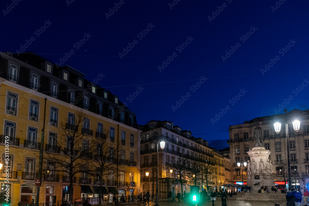Lisbon, Portugal. April 11, 2022: Square of the poet Luís de Camões at night.
