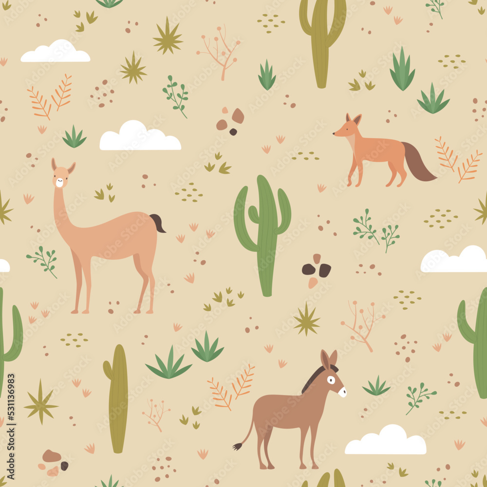 Obraz premium Nature seamless pattern, cactus, vicuña, fox and donkey