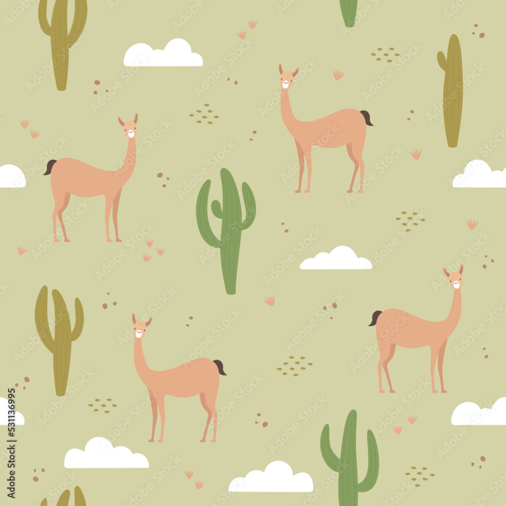 Nature seamless pattern, cactus and vicuñas