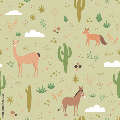 Nature seamless pattern, cactus, vicuña, fox and donkey