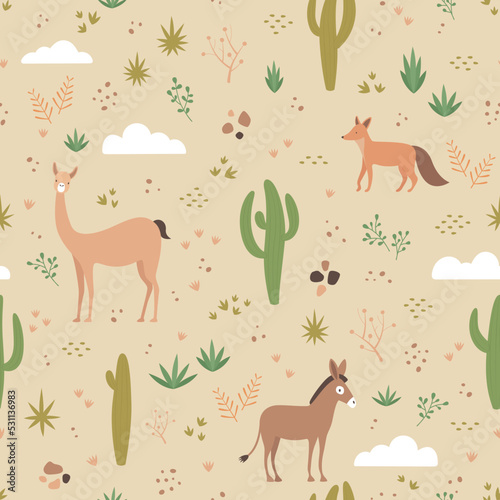 Nature seamless pattern, cactus, vicuña, fox and donkey © Pilar Arias Grení