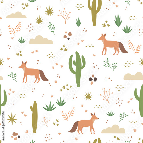 Nature seamless pattern, cactus and fox © Pilar Arias Grení