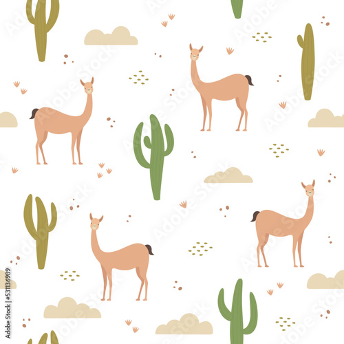 Nature seamless pattern, cactus and vicuñas © Pilar Arias Grení