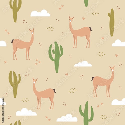 Nature seamless pattern  cactus and vicu  as