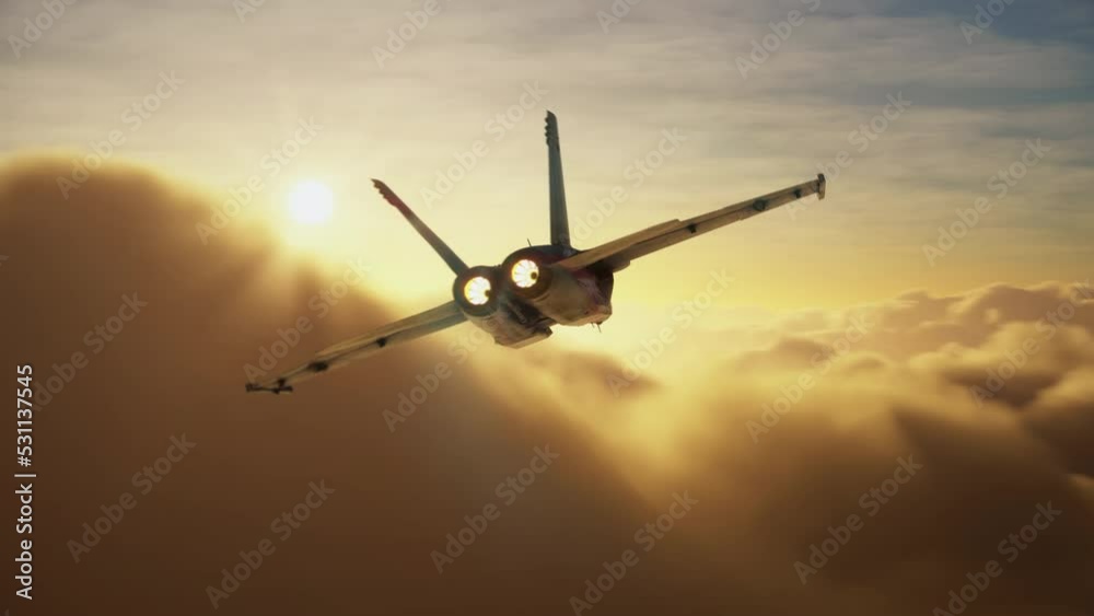American fighter plane flying through clouds. Animation of a flight maneuver performed by a military plane