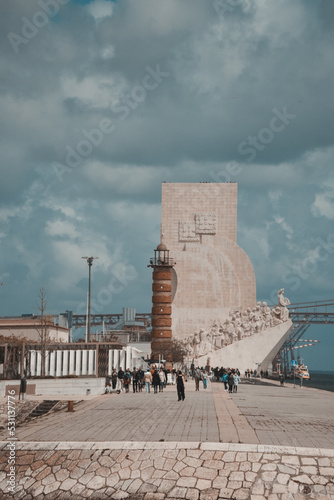 Lisbon, Portugal. April 11, 2022: Monument to the discoveries in belem. Sea view and blue sky.