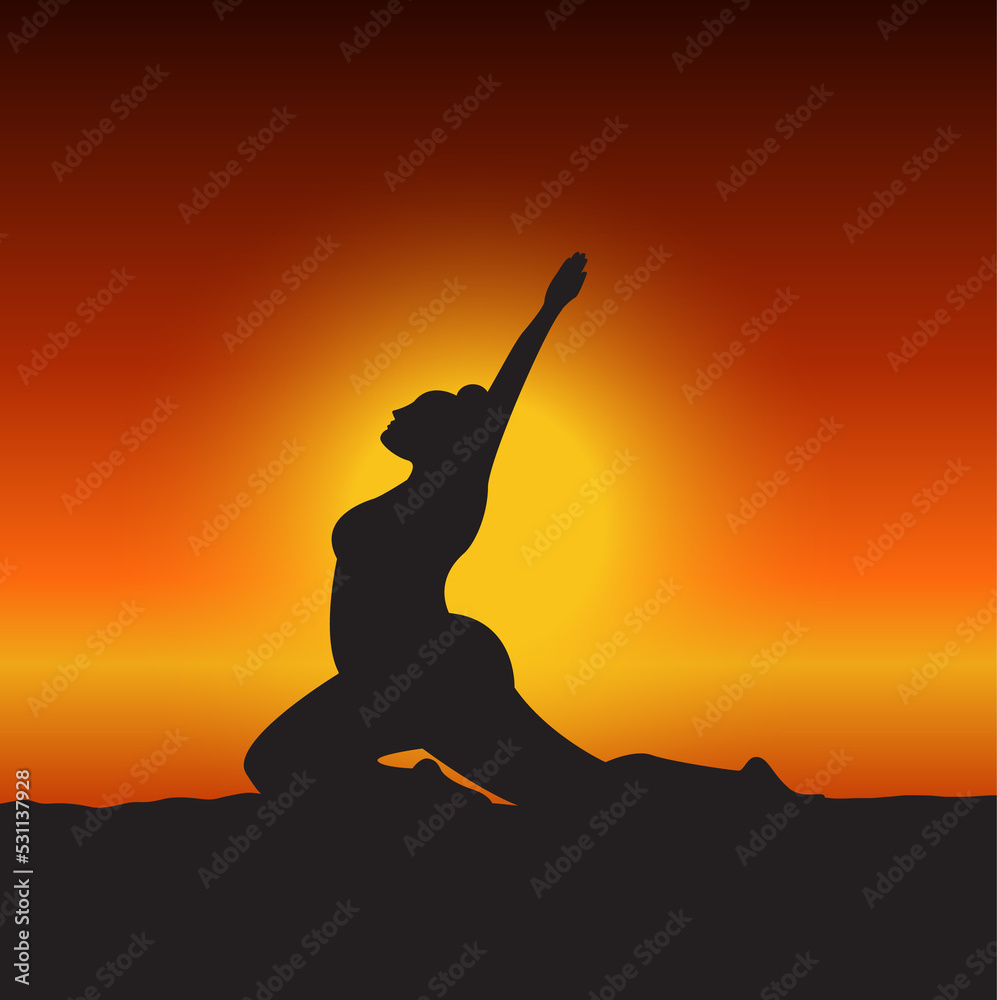 Plus size woman  doing yoga on the beach at sunrise