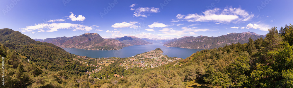 Beautiful aerial panoramic view of Bellagio and Lake Como from the drone