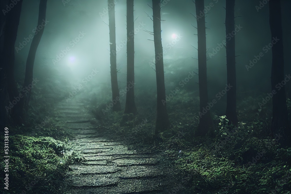 Obraz premium Path through a dark forest autumn fog at night. 3d illustration.