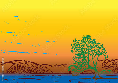 landscape with tree . Tree and lake drawing illustration .vector, beach, sea, illustration, summer, sun, tree, nature, tropical, sky, art, wave, landscape, ocean, design, palm, water, sunset